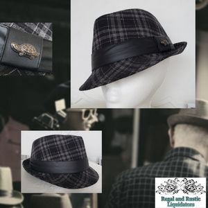 🎩 Black & Grey Plaid Fedora Hat by Pamoa L/XL
